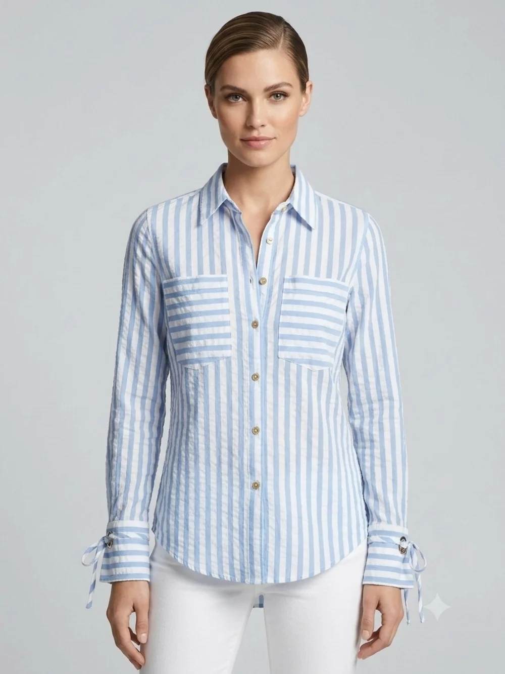 Michael Kors Light Blue and White Striped Gold Style Buttons-Front Shirt